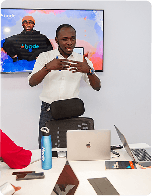 Jeffrey presenting at a desk